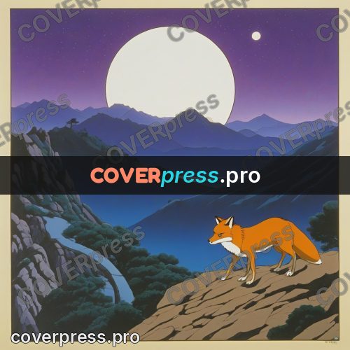 Old anime drawing: fox on a moonlit rock