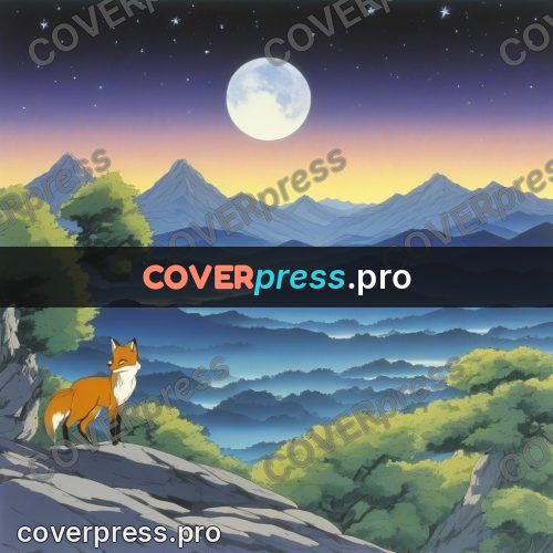 Old anime drawing: fox on a moonlit rock