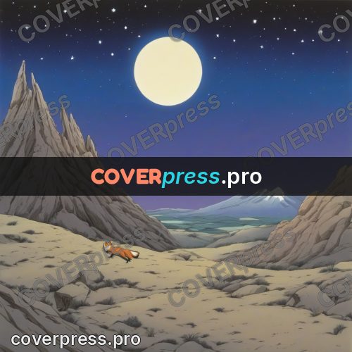 Old anime drawing: fox on a moonlit rock