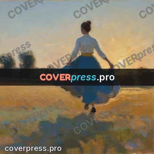 Impressionist illustration: woman in a blue skirt walking