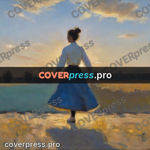Impressionist illustration: woman in a blue skirt walking