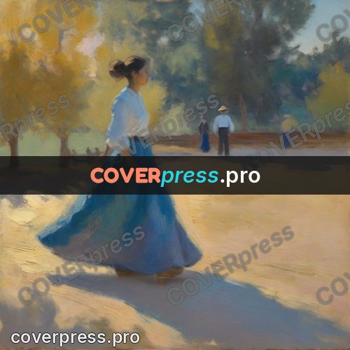 Impressionist illustration: woman in a blue skirt walking