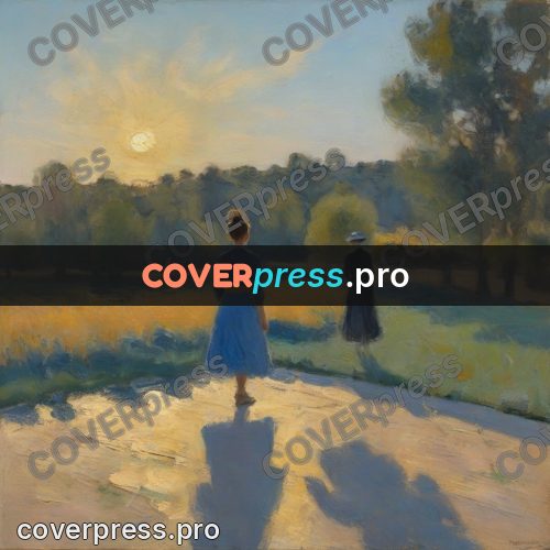 Impressionist illustration: woman in a blue skirt walking