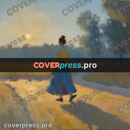 Impressionist illustration: woman in a blue skirt walking