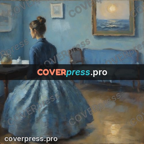 Impressionist illustration: woman in a blue dress indoors