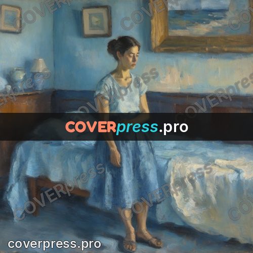 Impressionist illustration: woman in a blue dress indoors