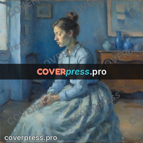 Impressionist illustration: woman in a blue dress indoors