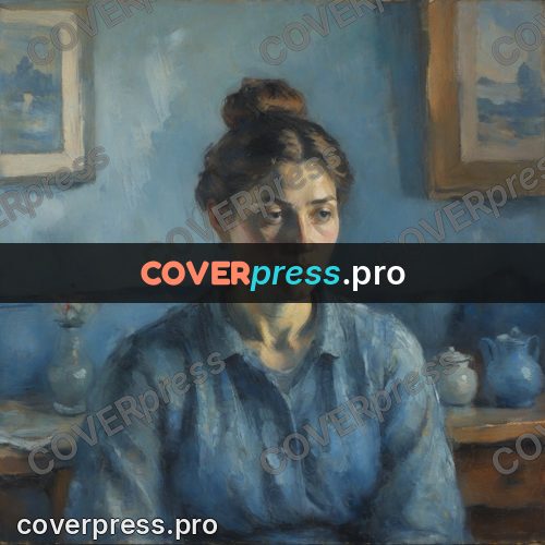 Impressionist illustration: woman in a blue dress indoors