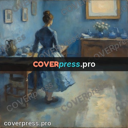 Impressionist illustration: woman in a blue dress indoors