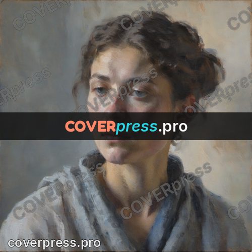 Impressionist illustration: woman in grey against pale wall