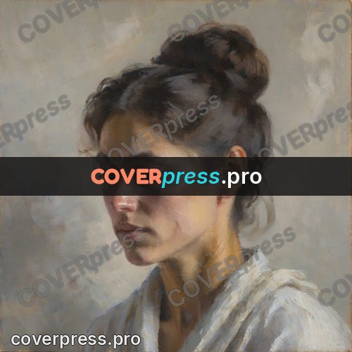 Impressionist illustration: woman in grey against pale wall