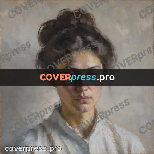 Impressionist illustration: woman in grey against pale wall