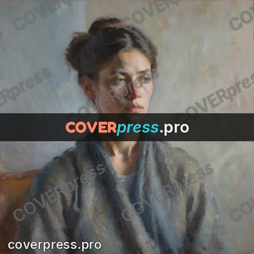 Impressionist illustration: woman in grey against pale wall