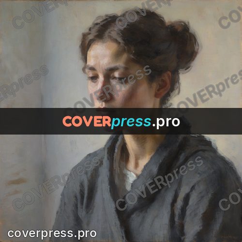 Impressionist illustration: woman in grey against pale wall