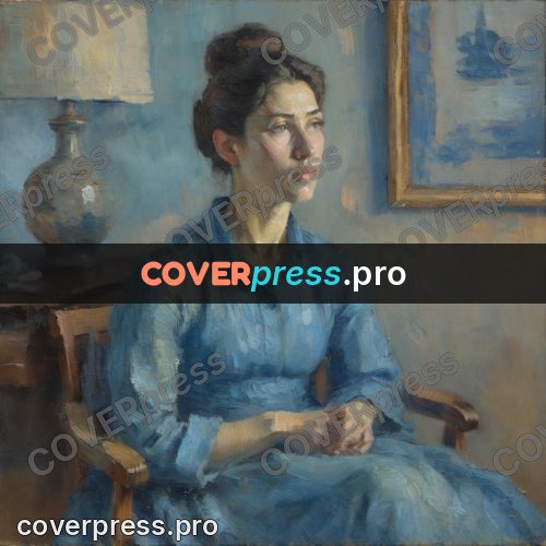 Impressionist illustration: woman in blue by a wall