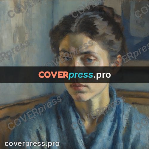 Impressionist illustration: woman in blue by a wall