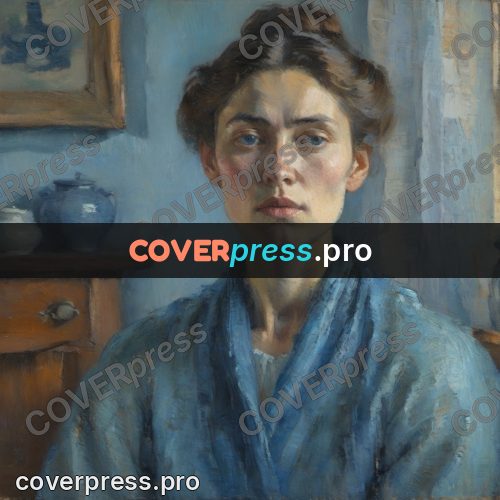 Impressionist illustration: woman in blue by a wall
