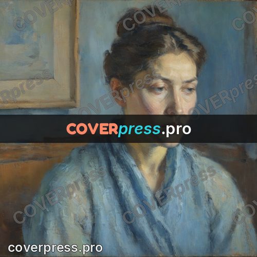 Impressionist illustration: woman in blue by a wall