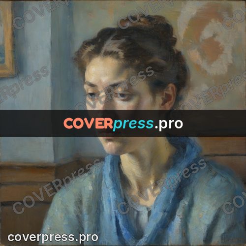 Impressionist illustration: woman in blue by a wall