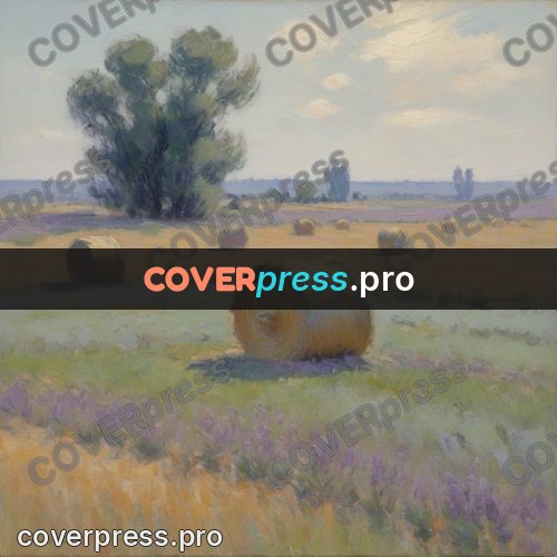 Impressionist illustration: hay bale in a lavender field