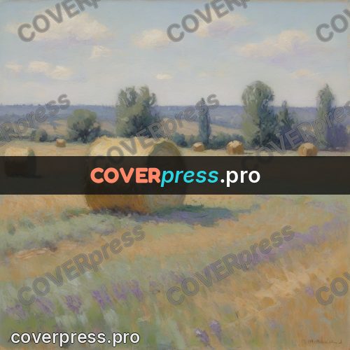 Impressionist illustration: hay bale in a lavender field