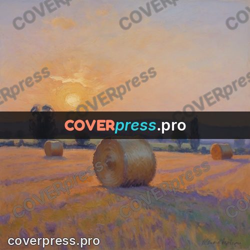 Impressionist illustration: hay bale at sunset