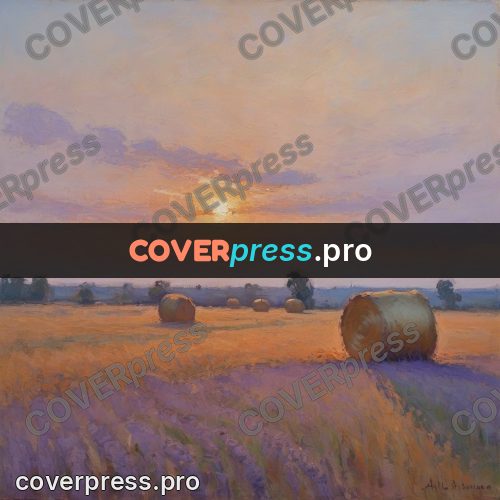 Impressionist illustration: hay bale at sunset