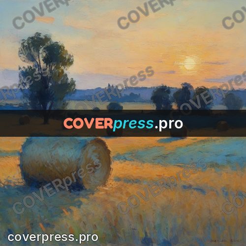 Impressionist illustration: hay bale in a mown field