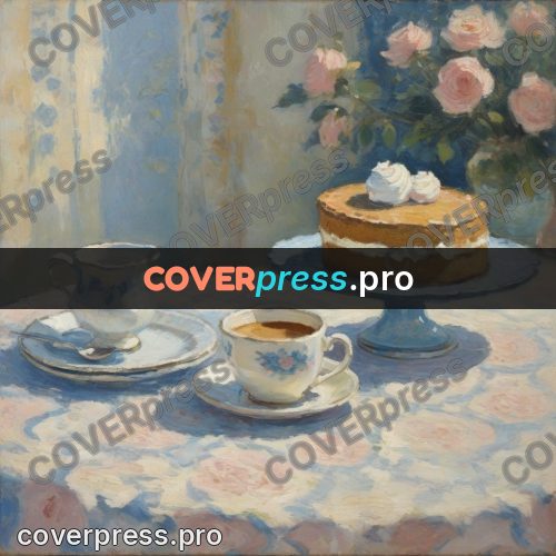 Impressionist illustration: cake and cup by a window
