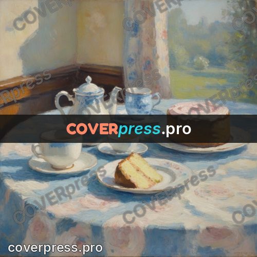 Impressionist illustration: cake and cup by a window