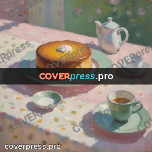Impressionist illustration: cake and teapot on polka-dot cloth