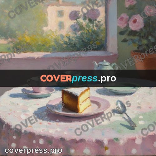 Impressionist illustration: cake and teapot on polka-dot cloth