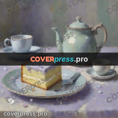 Impressionist illustration: slice of cake and a teapot
