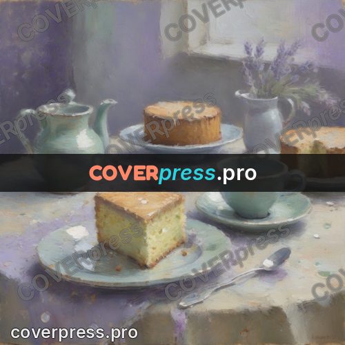 Impressionist illustration: slice of cake and a teapot
