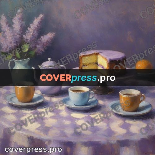Impressionist illustration: cake and teapot on lilac cloth