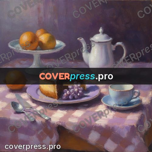 Impressionist illustration: cake and teapot on lilac cloth