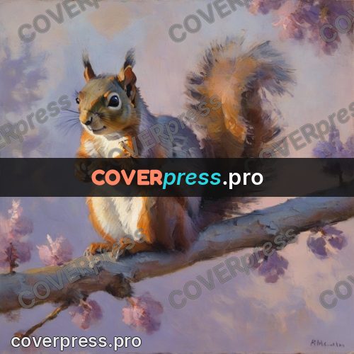 Impressionist illustration: squirrel among lilac blossom