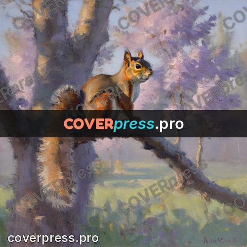 Impressionist illustration: squirrel among lilac blossom