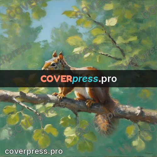Impressionist illustration: squirrel on a leafy branch