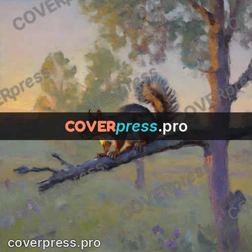 Impressionist illustration: squirrel on a branch at sunset