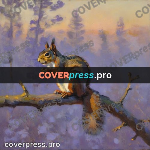 Impressionist illustration: squirrel on a branch at sunset