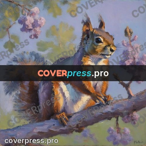 Impressionist illustration: squirrel on a branch in spring