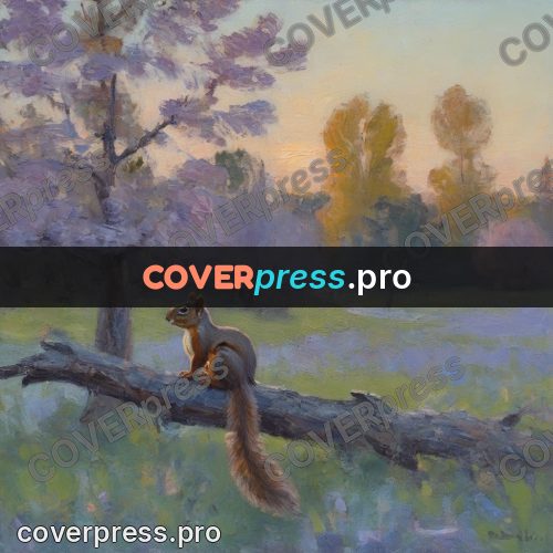 Impressionist illustration: squirrel on a branch in spring