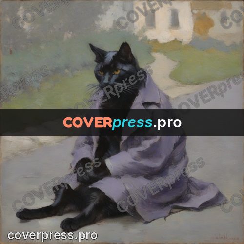 Impressionist illustration: cat and a lilac coat