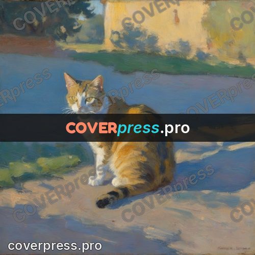Impressionist illustration: cat outdoors at sunset