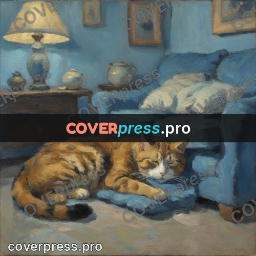 Impressionist illustration: cat asleep on a blue cushion