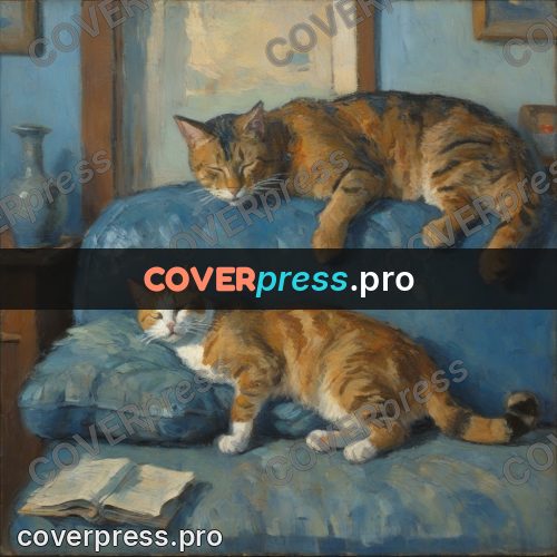Impressionist illustration: cat asleep on a blue cushion