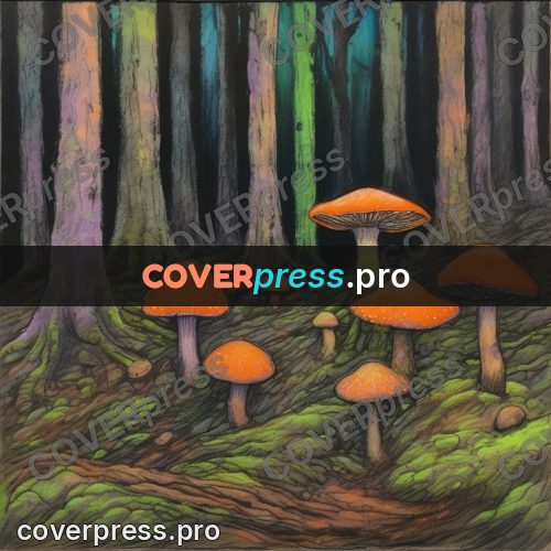 Oil pastel illustration: orange mushrooms in forest moss
