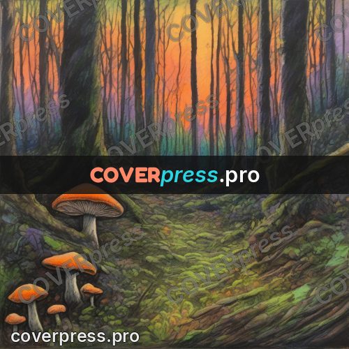 Oil pastel illustration: orange mushrooms in forest moss