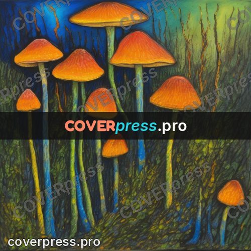 Oil pastel illustration: mushrooms on thin stalks in grass